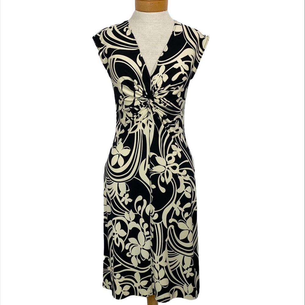 Maggie London 8 Monochrome Floral Twist-Front Midi Cocktail Dress 90s Minimal